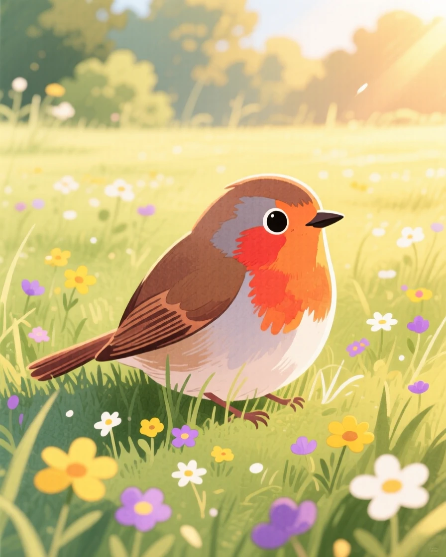 A chirping robin resting peacefully in a sunlit meadow at the golden hour.