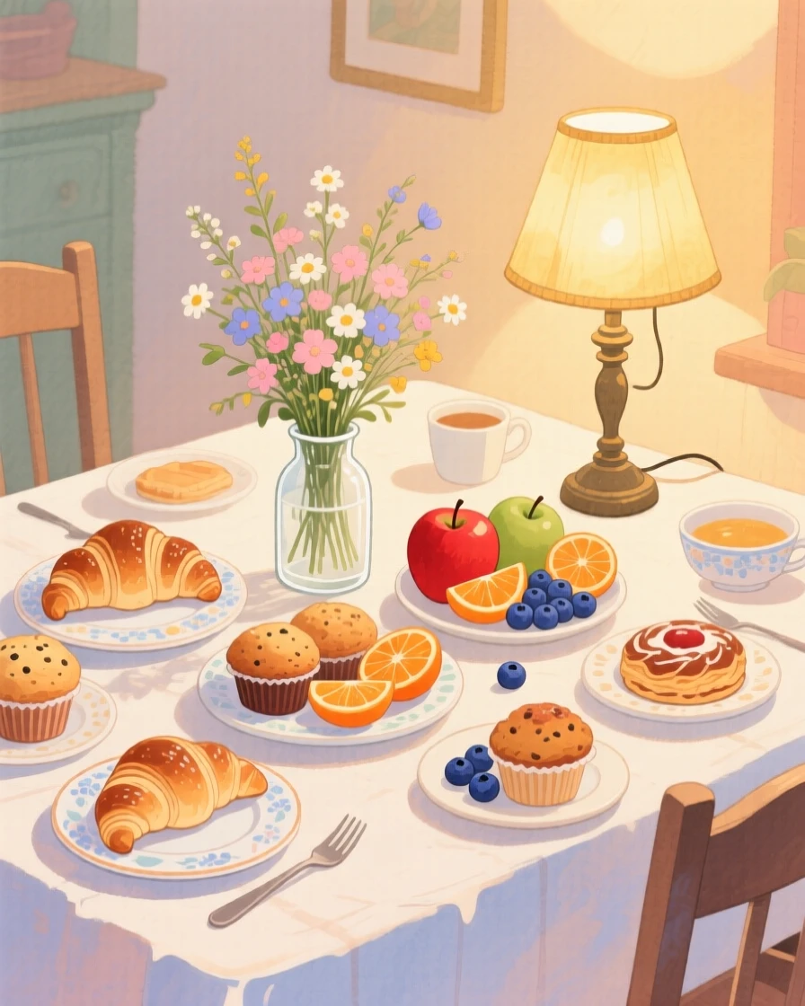 A breakfast table set with fresh pastries, fruit, and a small vase of wildflowers, with soft golden lamplight glowing nearby, wrapped in a feeling of safety and belonging.