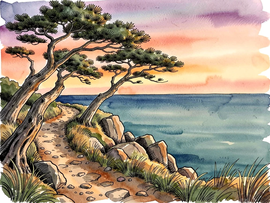 A rugged coastal trail winding along wind-bent cypress trees, the last rays of sunset painting the sky in warm color.