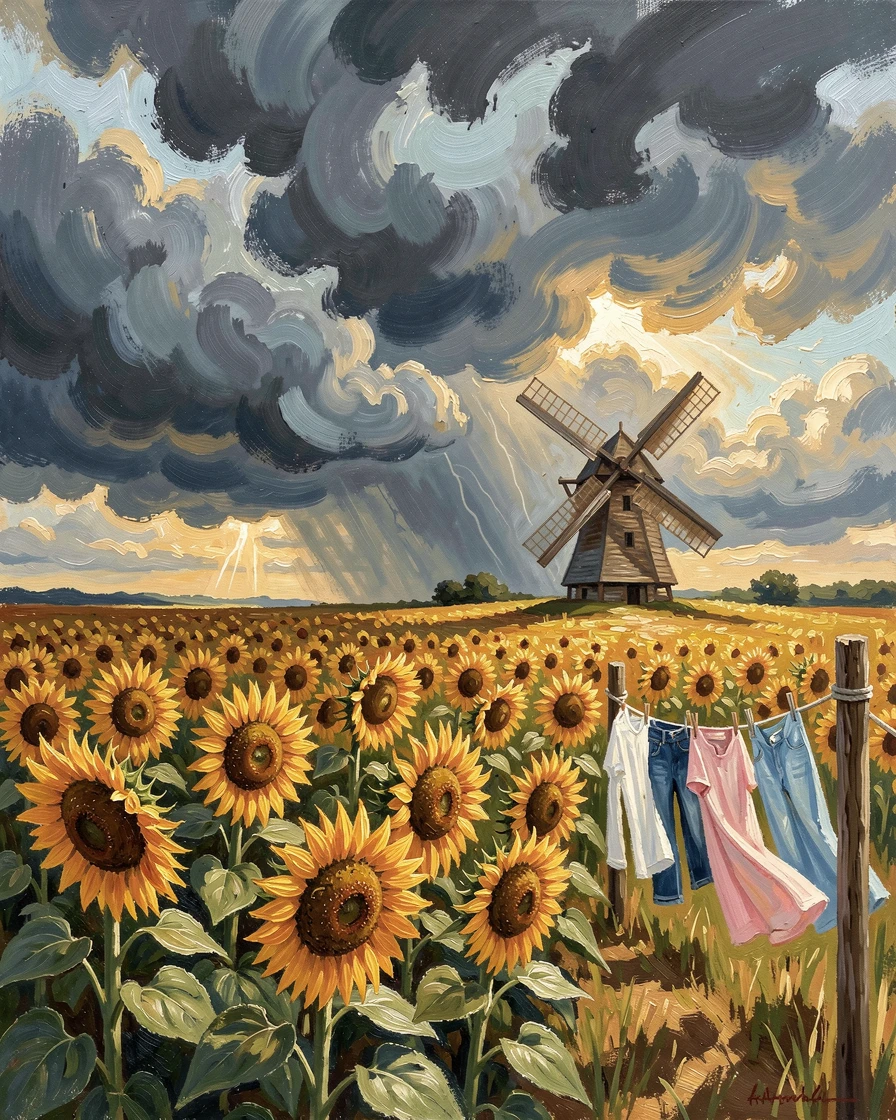 Under a dramatic summer thunderstorm approaching in the distance, a sunflower field in full bloom, with a windmill turning slowly in the distance, laundry drying on a line strung between fence posts.