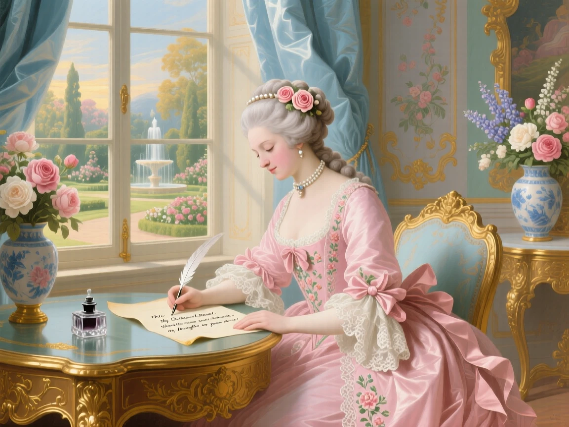 A queen writing a private letter at a desk overlooking the gardens  