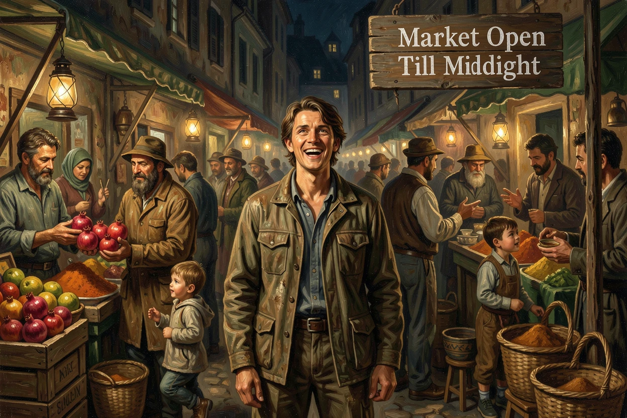 A traveler exploring the vibrant, chaotic energy of a nighttime street market, with genuine joy and awe visible on every face, radiating the thrill of seeing the world's most incredible places