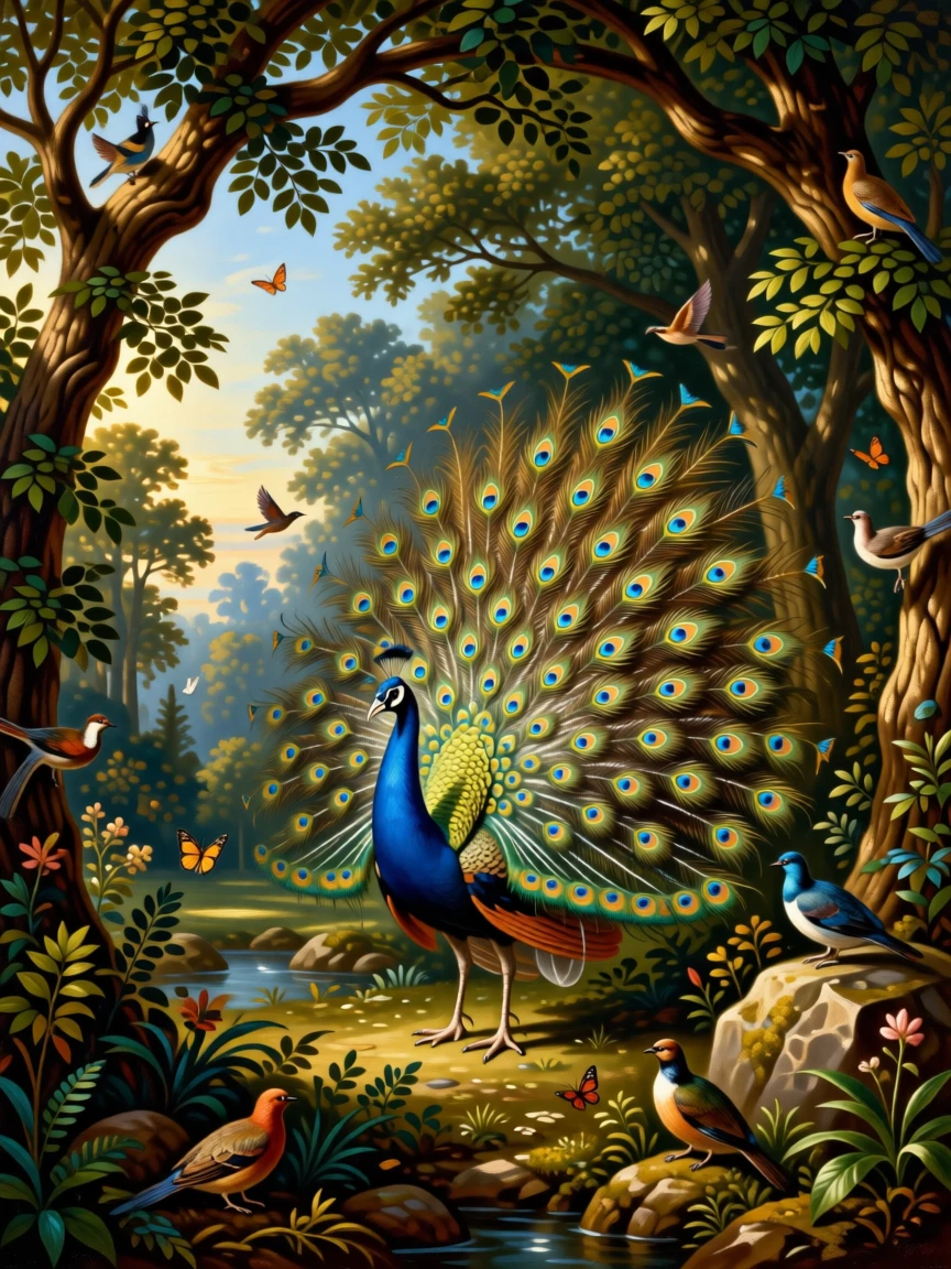 A peacock displaying its brilliant tail feathers in a formal garden at the peaceful, unguarded heart of the natural world, set within a sunlit forest clearing alive with birdsong, with small birds or butterflies adding quiet movement to the scene; strong natural framing from branches or rock formations draws the eye inward, suggesting the timeless harmony between nature and spirit.