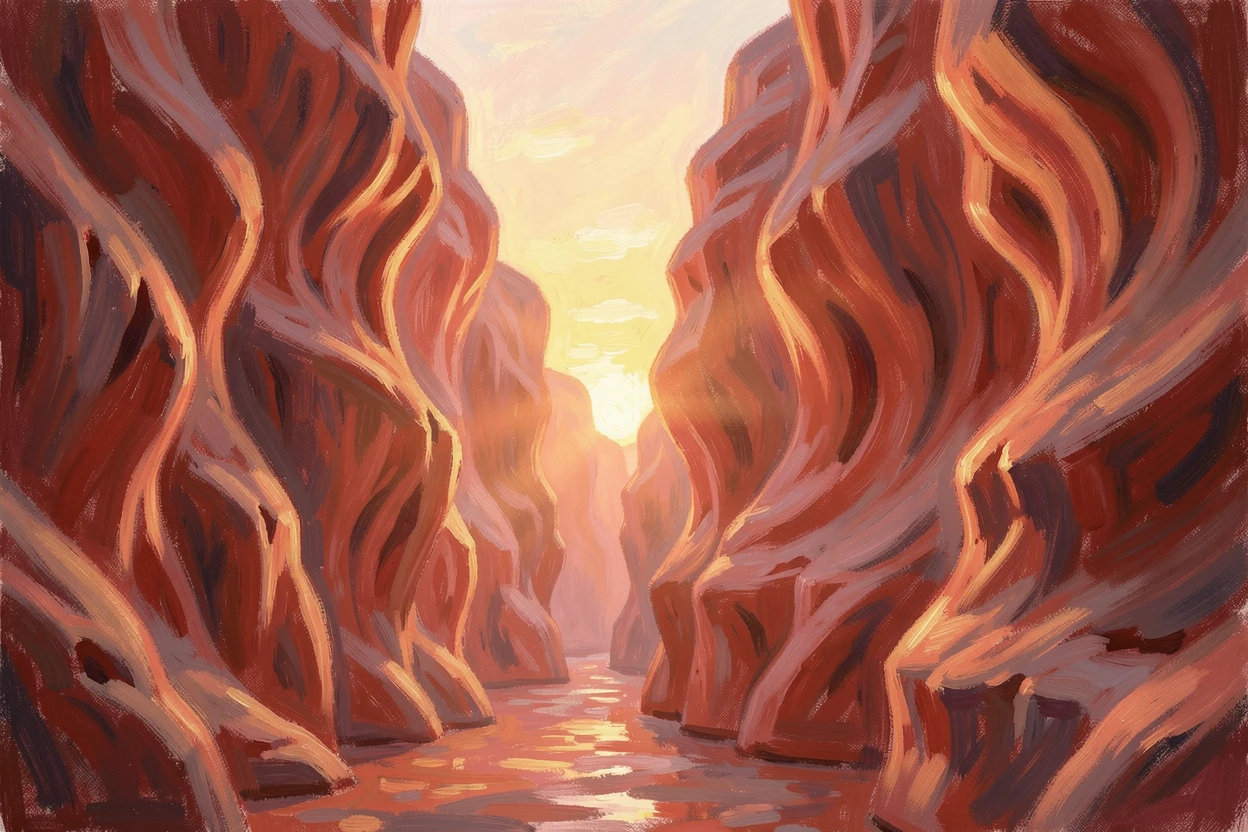 A glowing sunset breaking through a canyon slot, illuminating swirling red rock walls, as the first light of dawn breaks, evoking timeless charm and quiet elegance.