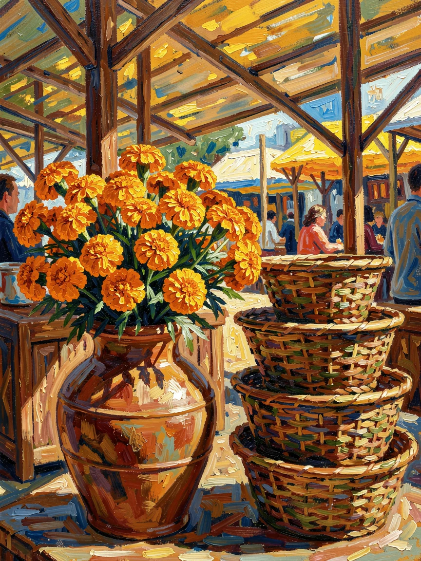 A vase of marigolds beside a stack of woven baskets in a sunlit market stall.
