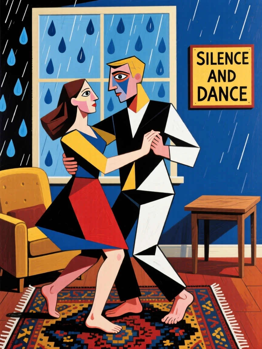A young couple dancing barefoot in their living room during a quiet rainy afternoon.