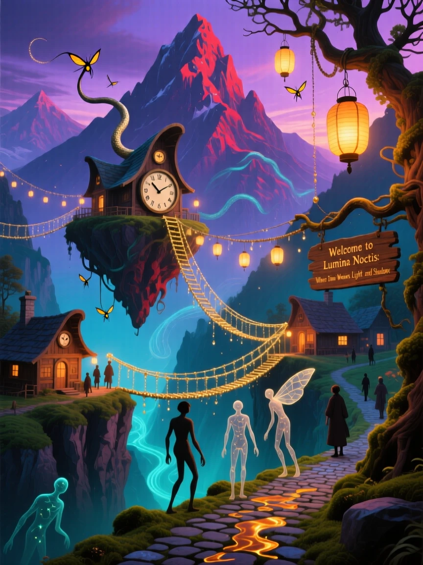 A mountain village connected entirely by rope bridges and lanterns hums gently with the quiet rhythm of everyday life, as lantern light spills softly onto quiet cobblestone paths.