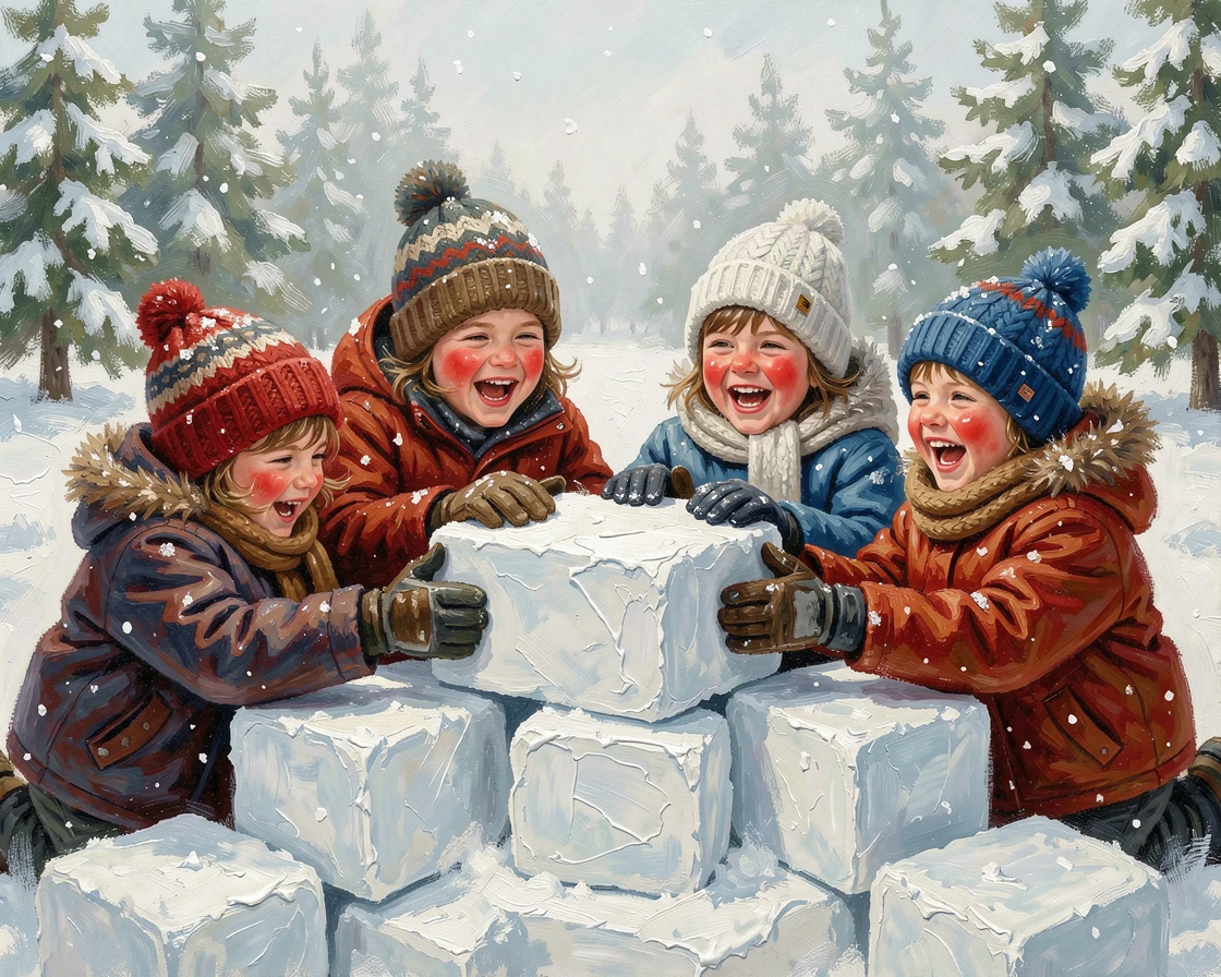 A group of children build a snow fort together, red-cheeked and laughing as they stack the final blocks of packed snow, their expression conveying a quiet depth of emotion that draws the viewer in.