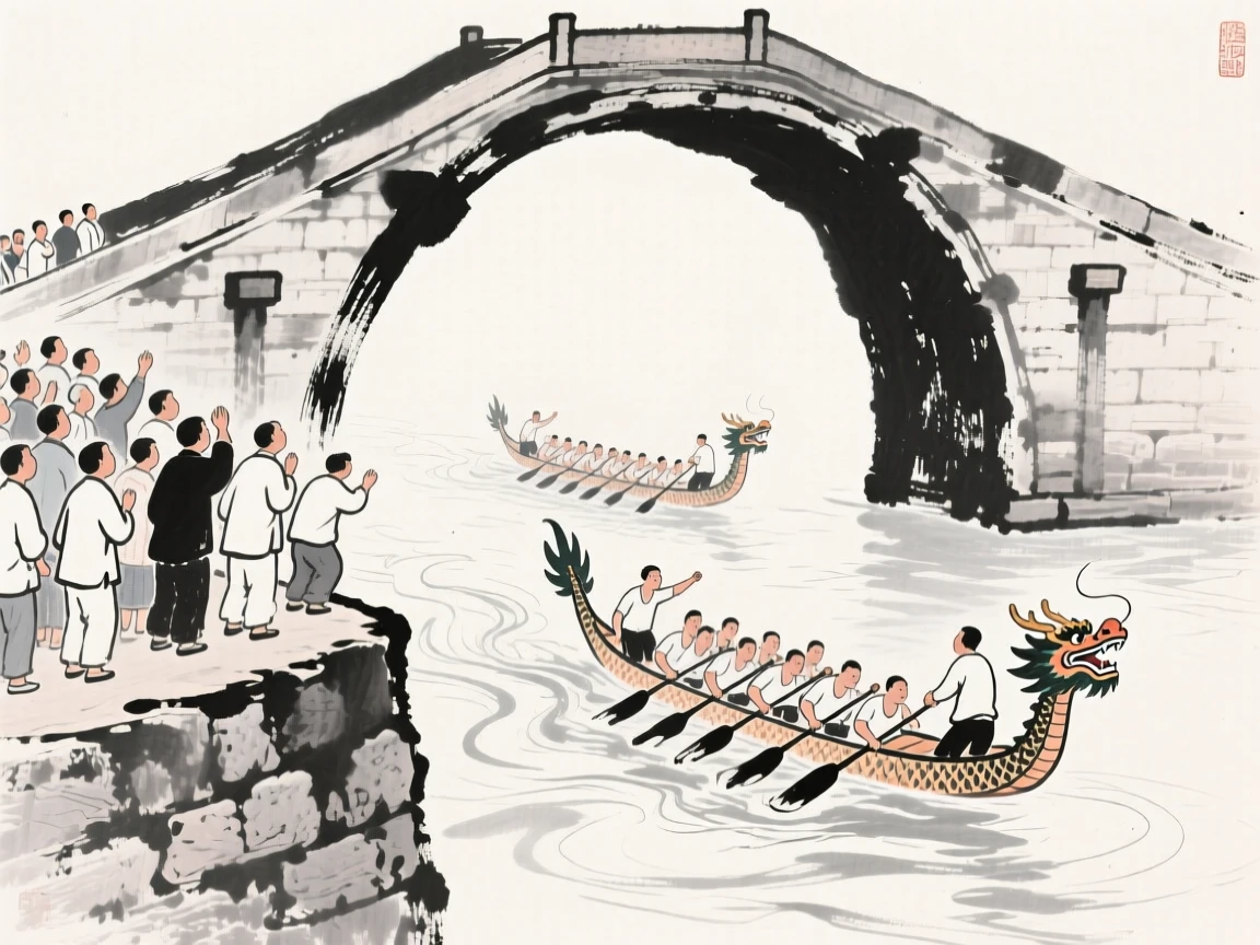 Spectators line a stone embankment to watch dragon boats race beneath a bridge, as ripples spread wide across the river's surface.