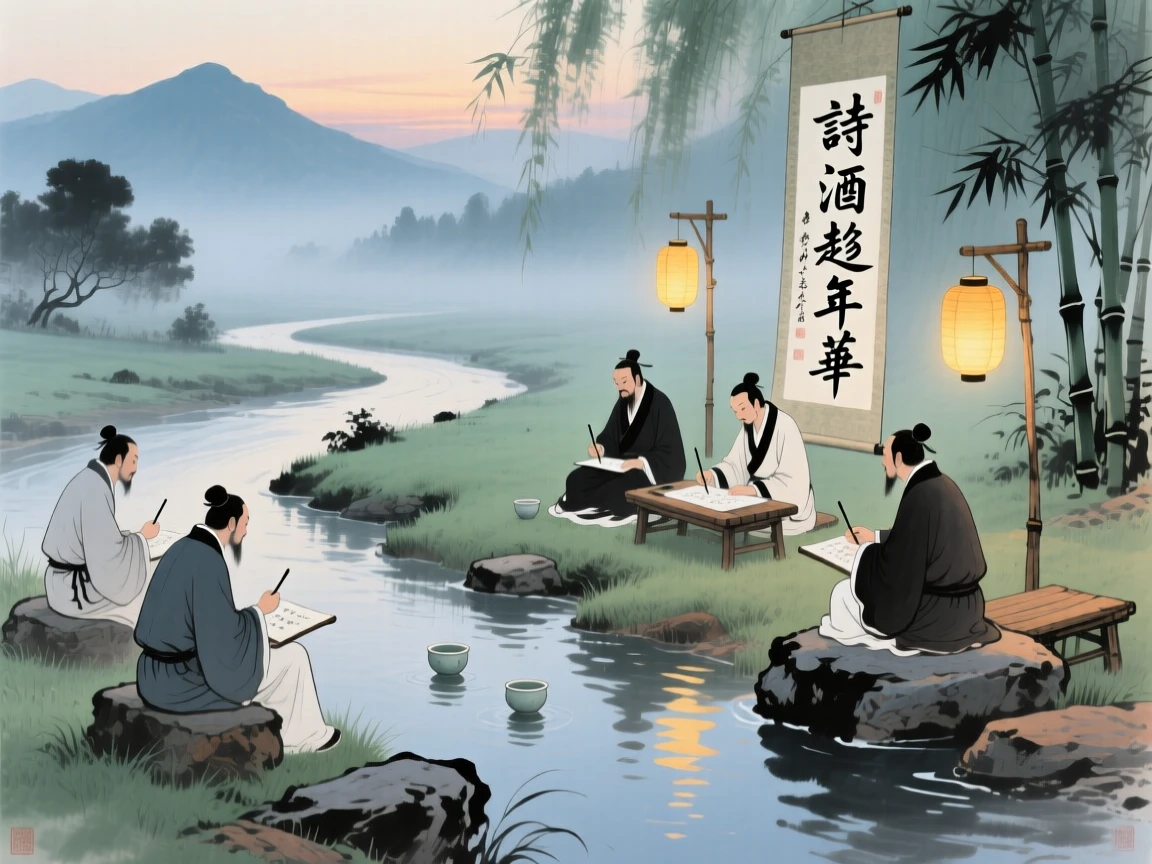 A gathering of poets composing verses beside a winding stream, cups floating between them, as lanterns are lit for the evening.