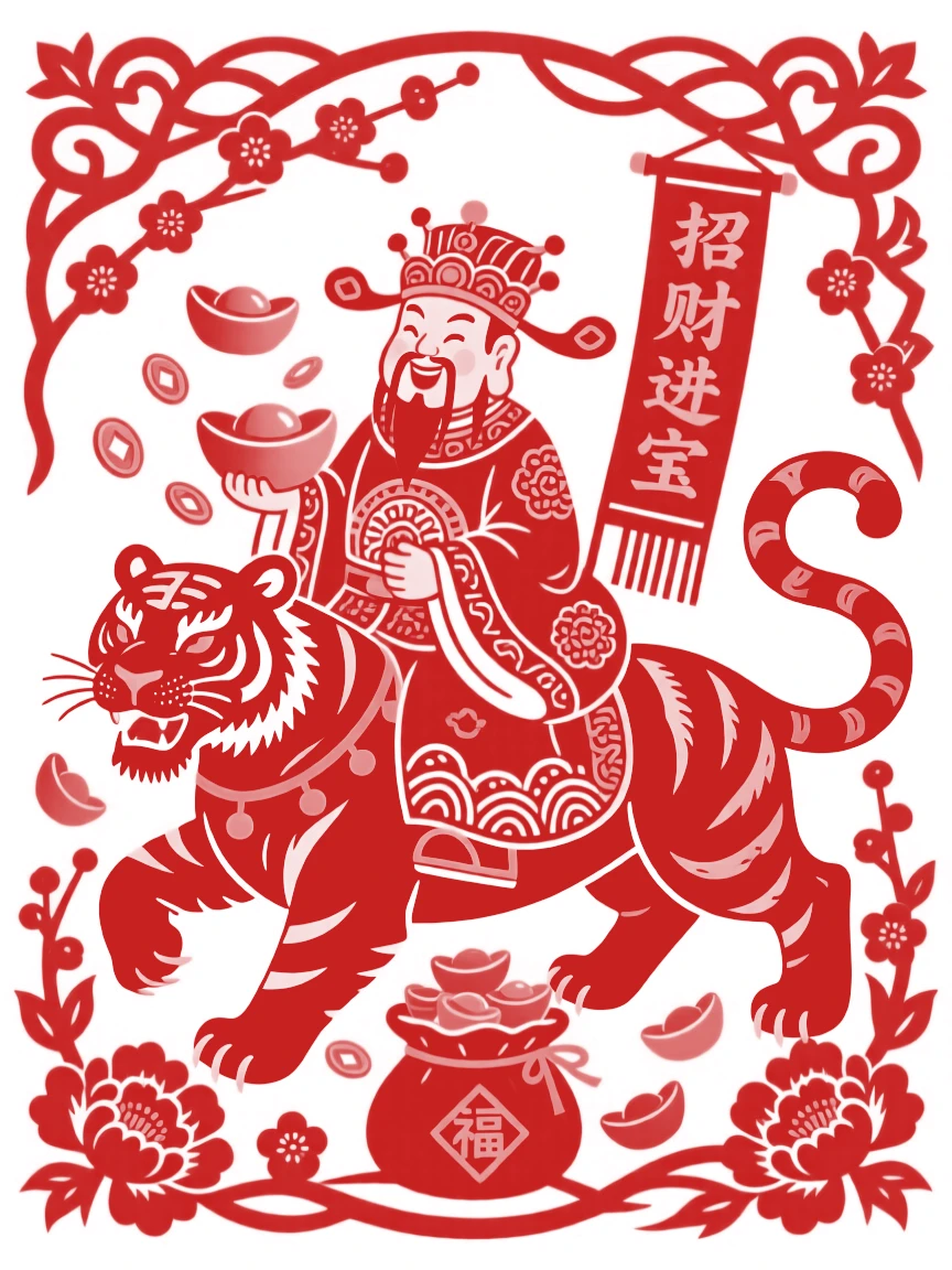 The God of Wealth Caishen riding a black tiger and scattering gold ingots from an overflowing sack