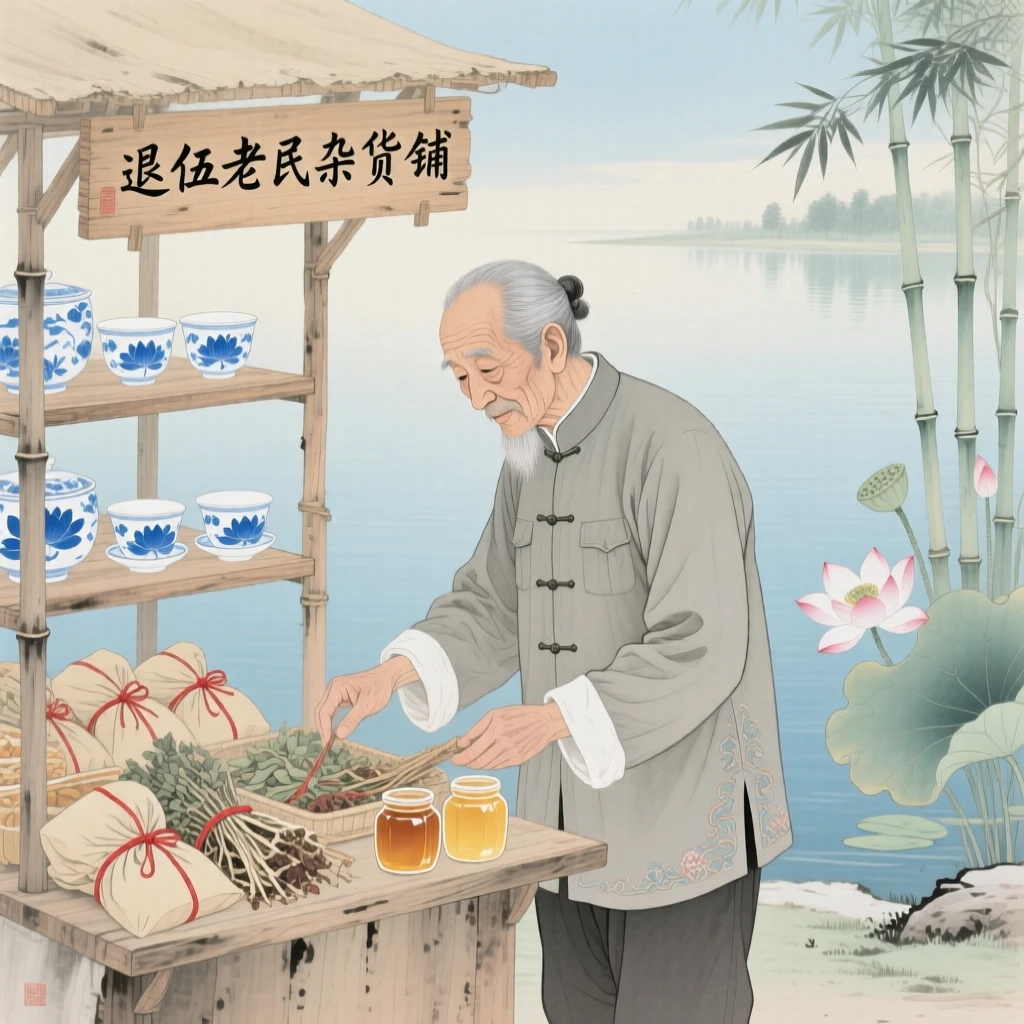 A retired soldier tending to a small stall of goods at the edge of a quiet lake