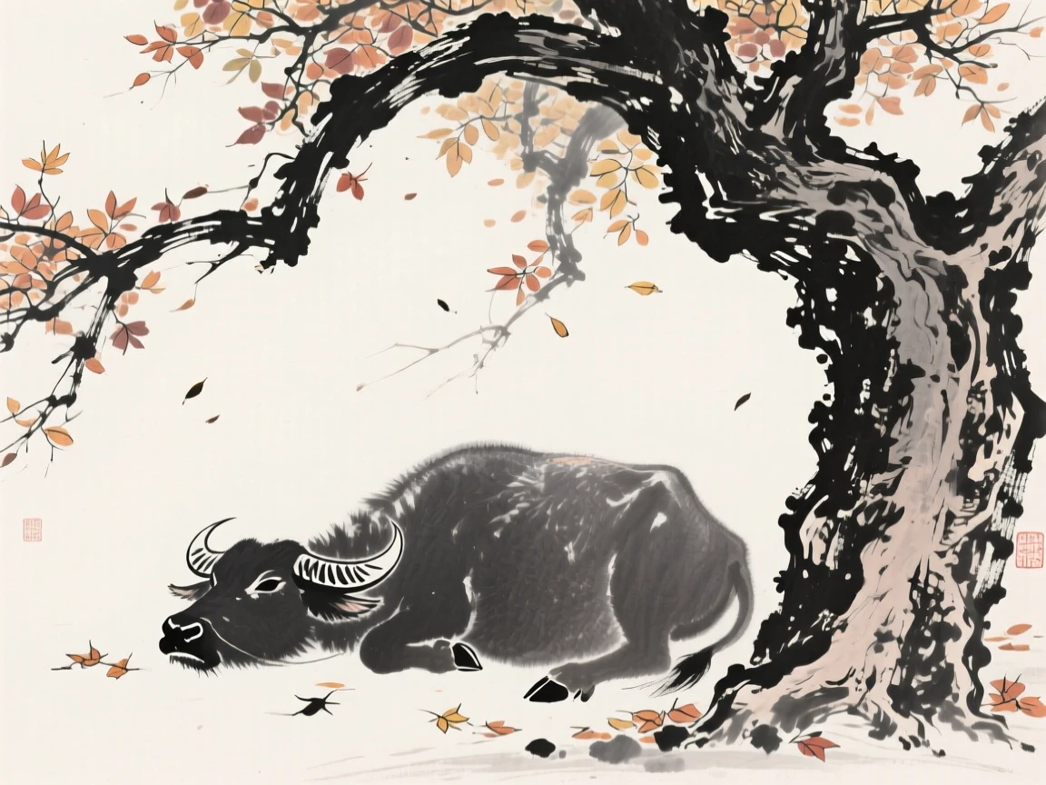 A water buffalo resting beneath a gnarled old tree beneath a canopy of autumn leaves, framed low to the ground for an intimate, close perspective, capturing a fleeting, tender moment of wild life.