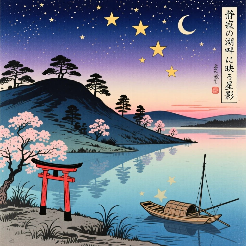 A star-filled sky reflected perfectly in a calm lake, from a quiet hilltop at dusk.
