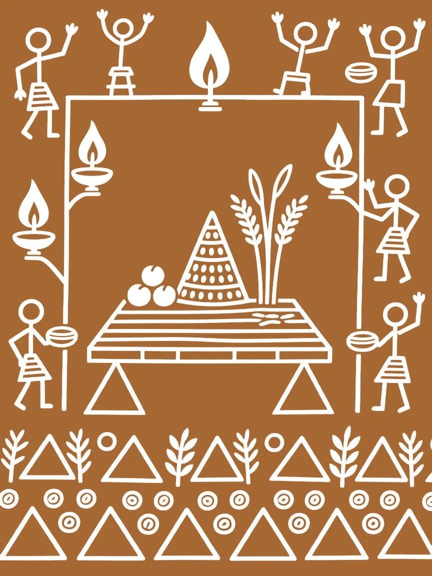 A composition centered on a harvest altar framed by rows of lamps and offerings.