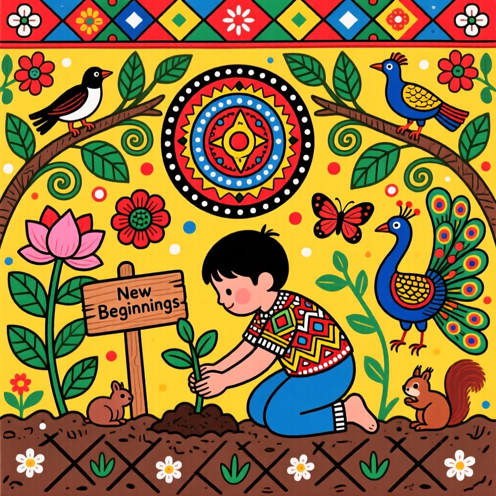 A child planting the first seed of a family's new garden.