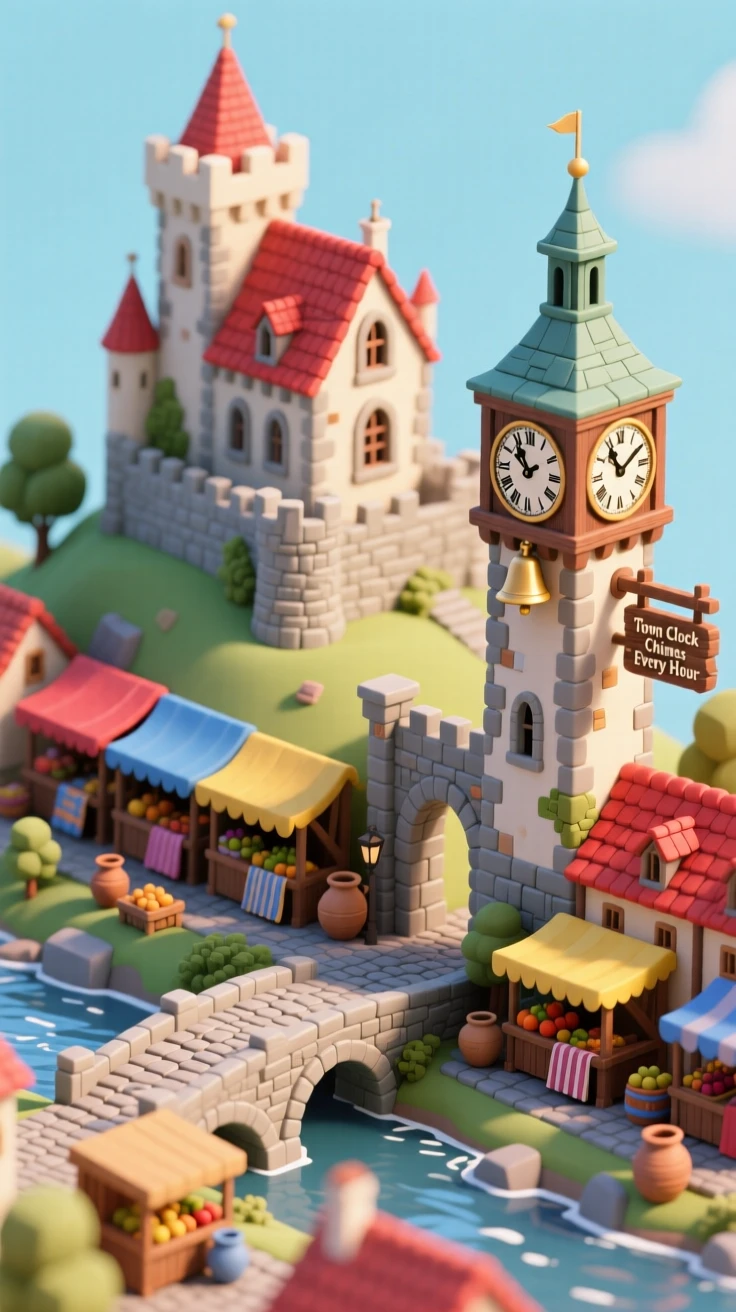 A medieval Bohemian castle town with a stone bridge crossing a river, a clock tower chiming, and market stalls below.