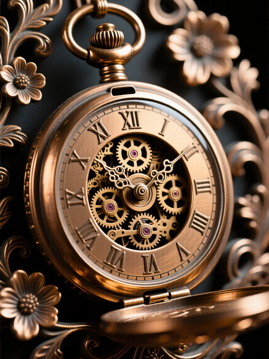 An antique pocket watch with intricate clockwork, with intricate craftsmanship on full display, radiating elegance and refinement