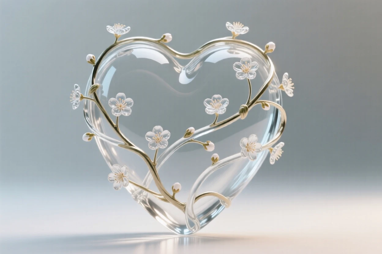 A heart formed from a tangle of blooming vines while a quiet stillness surrounds the entire scene