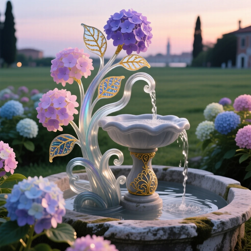 A field of blooming hydrangeas surrounding an ancient stone fountain at the height of dusk, lush and tranquil.