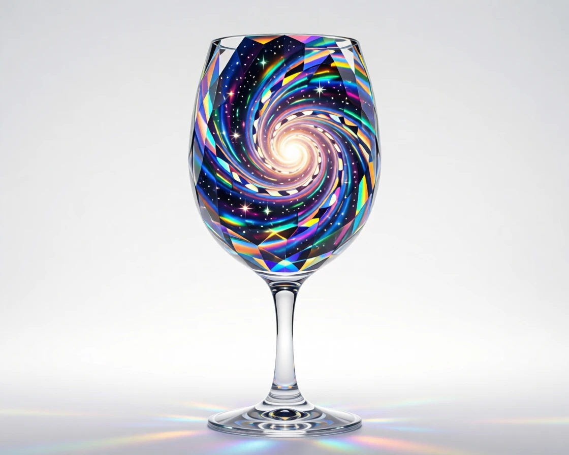 A surreal spiral galaxy reflected within the curve of a single wine glass.