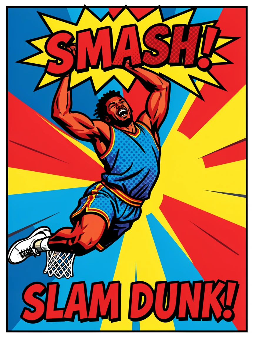 A basketball player making a dramatic slam dunk