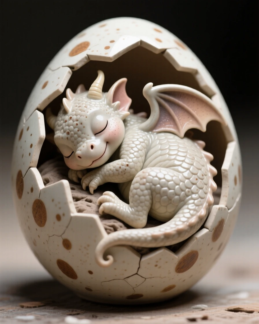 A tiny baby dragon hatching from a speckled egg curled up in a picture of sleepy contentment, dotted with tiny, delicate freckled markings, radiating adorable, joyful innocence.