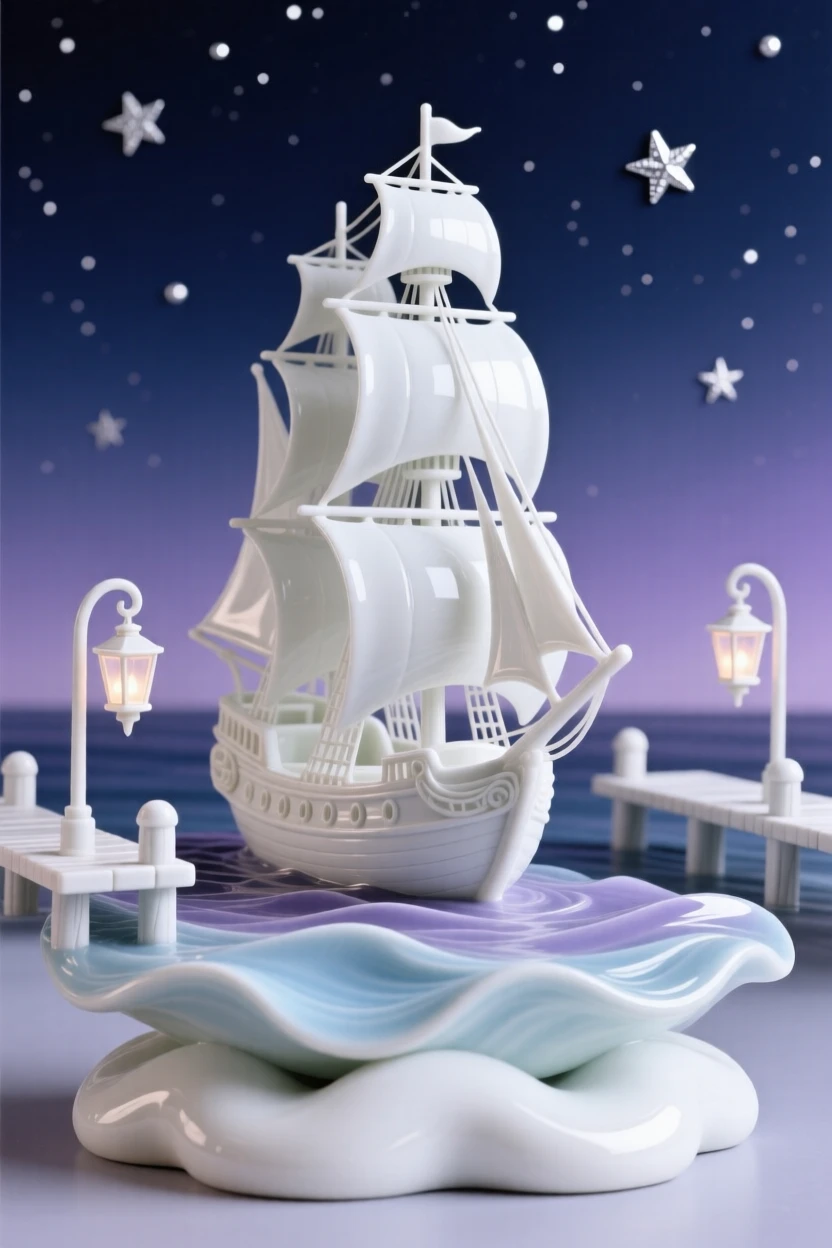 An imaginative vision of a harbor where ships sail gently through the night sky, radiating a hushed, storybook wonder.
