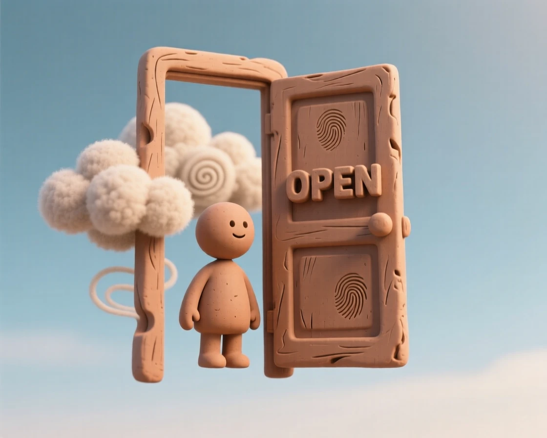 A door floating alone in an empty sky, opening to reveal clouds