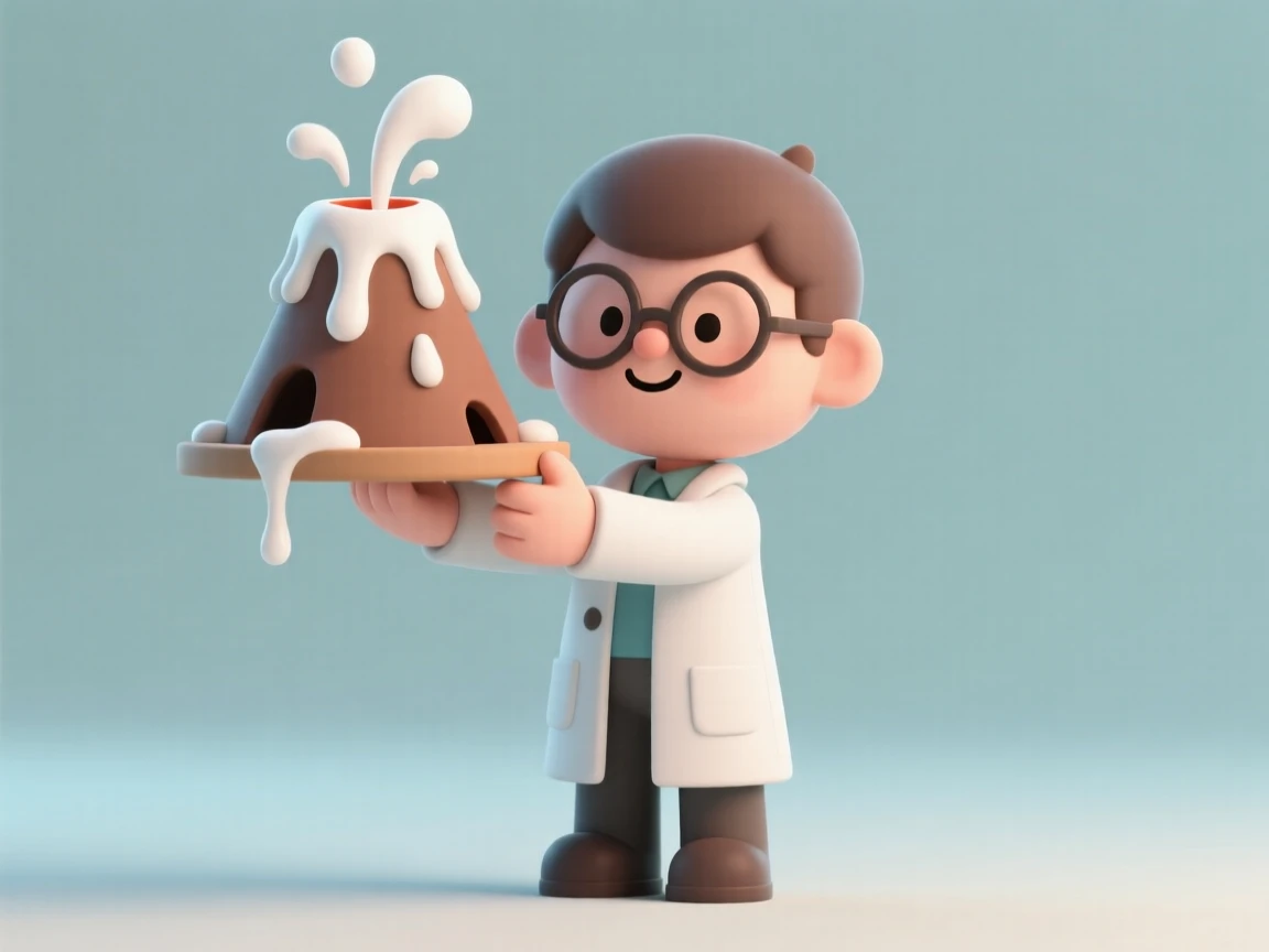 A proud young scientist holds up a homemade volcano model, baking soda foam dripping down its sides.