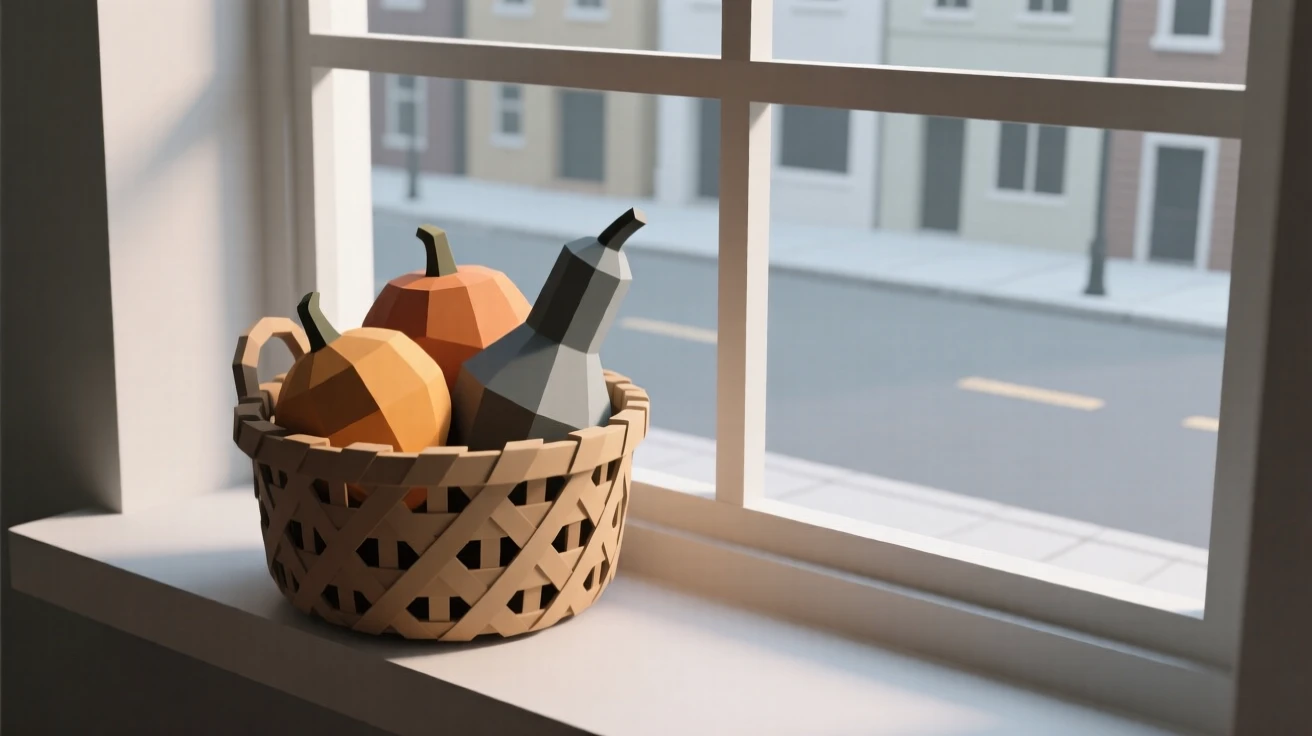 A woven basket filled with autumn gourds, on a windowsill overlooking a quiet street. a shallow depth of field isolates the main object. There is a calm, contemplative stillness.