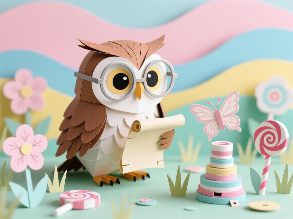 A spectacled owl scholar exploring a miniature candy-colored meadow, with a comically cross-eyed expression, capturing joyful, lighthearted wonder.