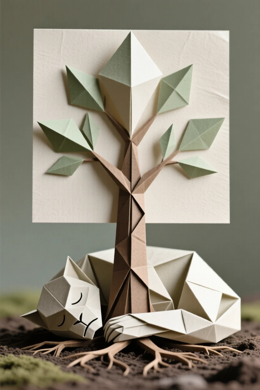 A single tree whose roots form the shape of a sleeping giant curled beneath the earth.
