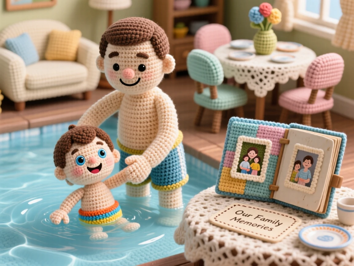 a father teaching his son to swim, holding him gently in shallow water, cheering as he takes his first strokes, in a warm dining room set for a family gathering, with a worn but beloved family photo album, radiating warm nostalgia and gentle family tradition.