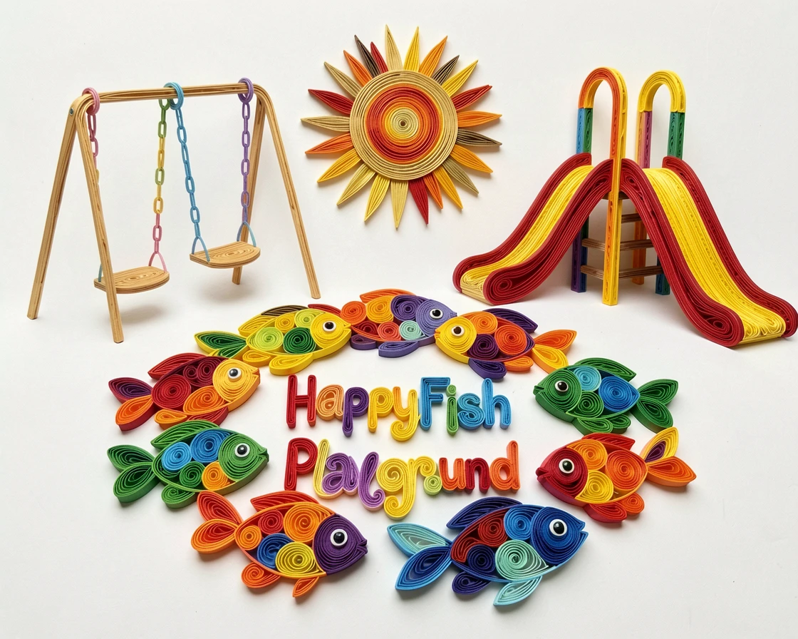 A whimsical children's scene of a school of rainbow fish swimming in a circle on a sunny playground with swings and slides, in a cheerful rainbow palette, composed with playful, bouncy rounded shapes throughout.