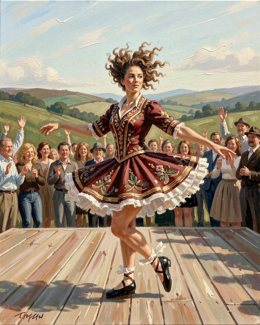 A traditional Irish step dancer performs with rapid precise footwork on an outdoor stage, curls bouncing in perfect rhythm, the surrounding crowd adding energy and movement to the edges of the composition.