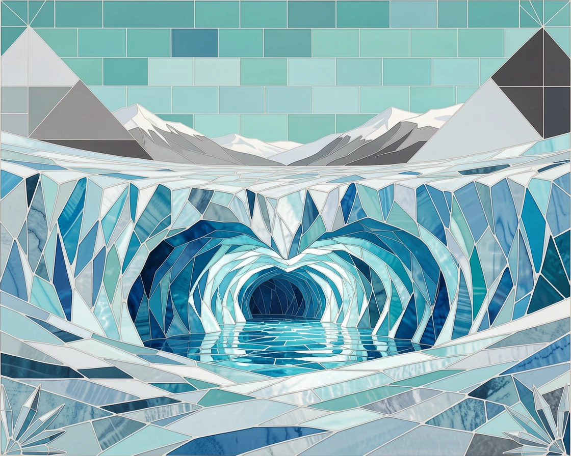 The icy blue caves of a glacier in iceland, viewed from a dramatic elevated vantage point.