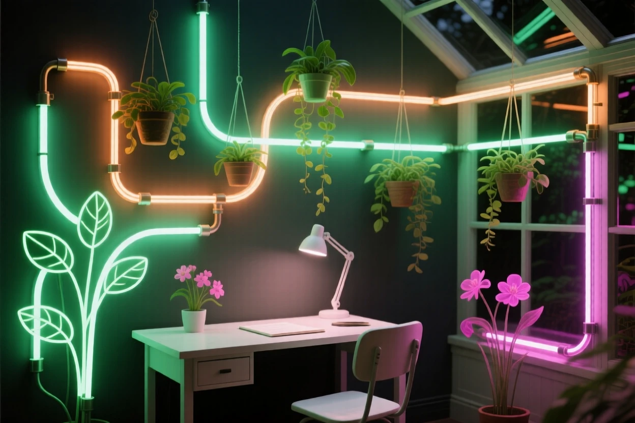A conservatory filled with hanging plants and a small writing desk.