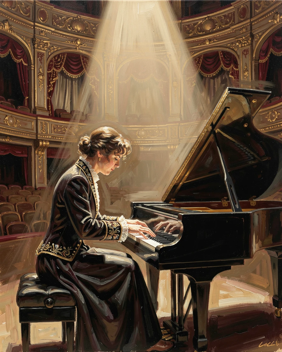 A pianist performs beneath dramatic spotlight in an empty grand theater, hands blurring across the keys in passionate motion, small traditional details in costume and decoration rewarding a closer look.