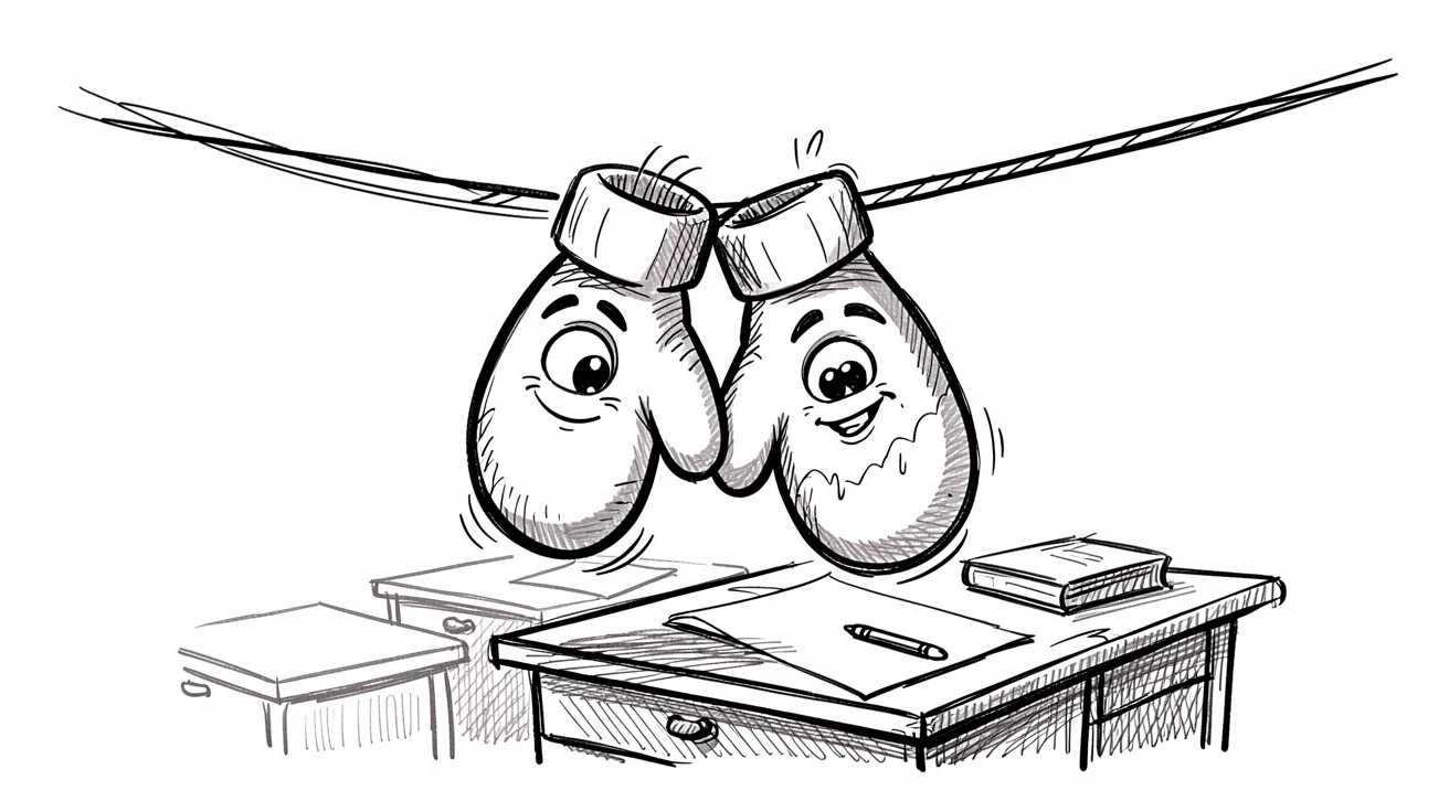 A pair of mittens warming each other on a clothesline on a classroom desk.