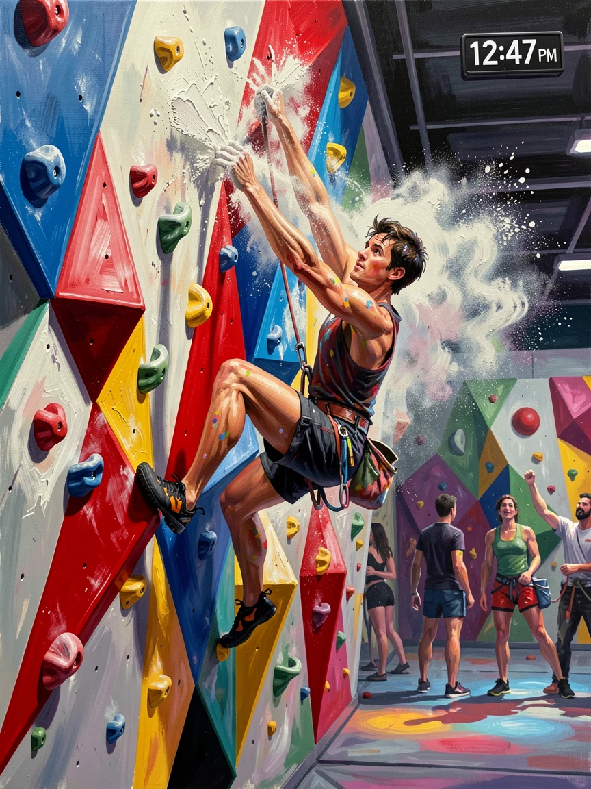 A rock climber dynos toward a distant hold on an indoor climbing gym wall, chalk dust puffing from powerful fingertips, the atmosphere charged with music, movement, and a shared sense of celebration.