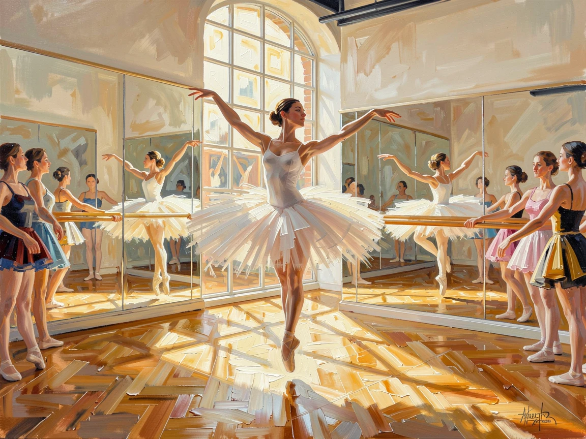 A ballet dancer leaps gracefully across a sunlit rehearsal studio, her reflection multiplied in the surrounding mirrored walls, the surrounding crowd adding energy and movement to the edges of the composition.