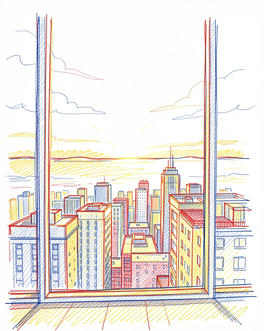 A skyline view from a high-rise window during a golden sunset