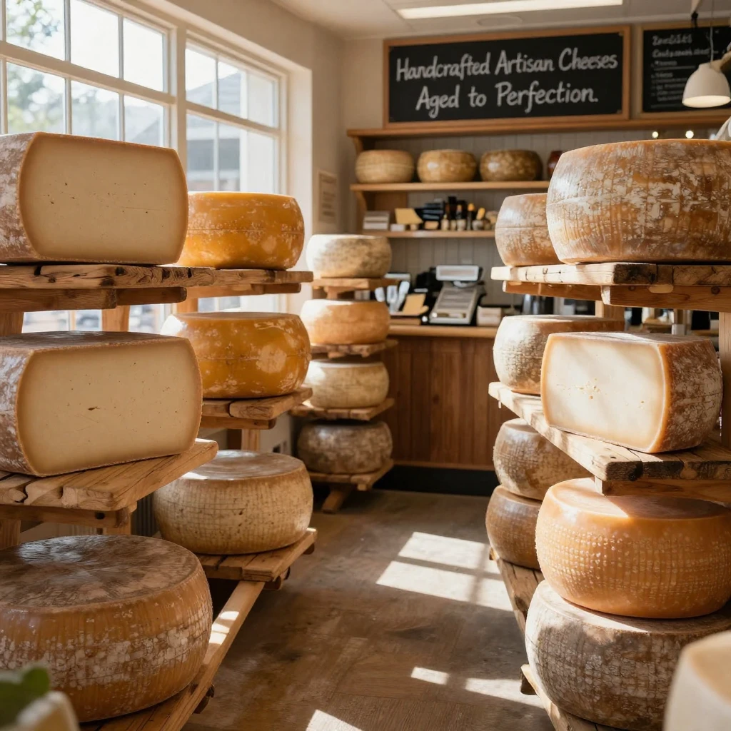 An artisan cheese shop with wheels aging on wooden racks