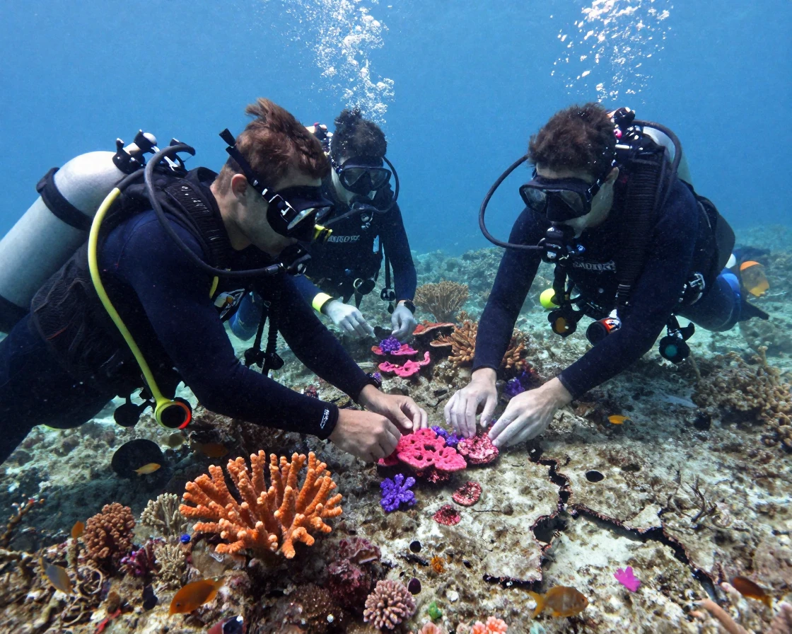 A crew of divers plants coral fragments onto a damaged reef.
