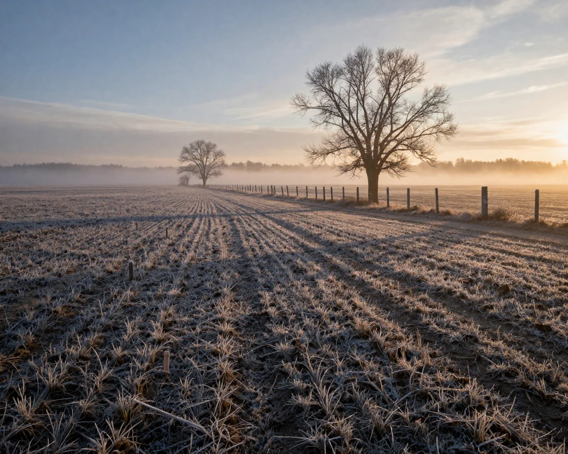 A stretch of open farmland, dusted with the season's first frost, quiet and still