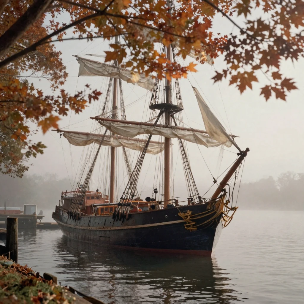 A weathered sailing ship anchored in a misty harbor, in dappled light filtering through leaves, with a soft breeze stirring the air, in the mild days of early autumn, in earthy terracotta and ochre shades, peering through foliage in the foreground.