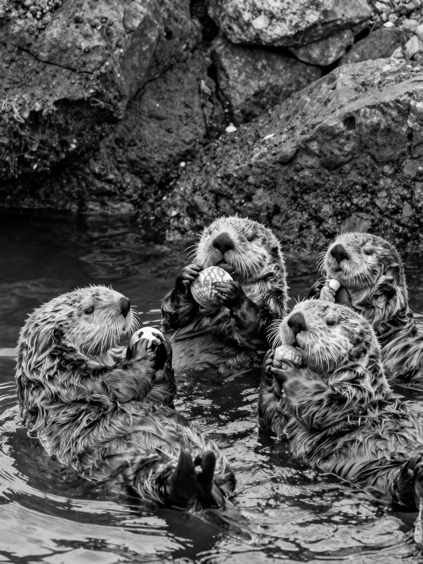 A group of sea otters floats on its back cracking open a shell along a rocky coastal shelf.