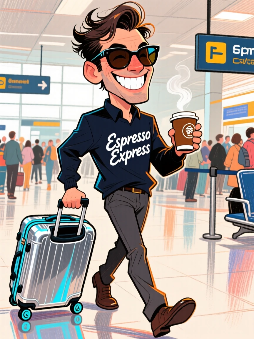 A man walking through an airport with stylish luggage, sunglasses on, coffee in hand.
