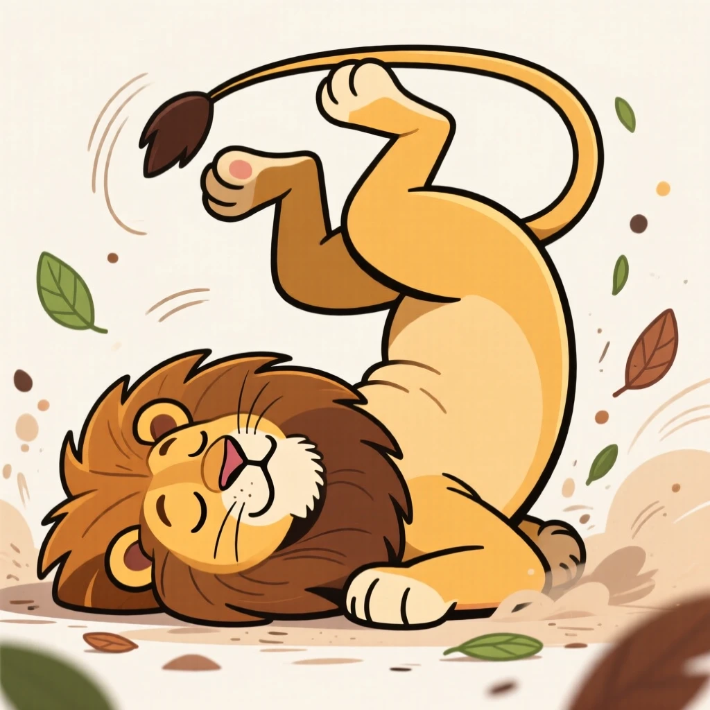 A charming animal moment featuring a proud lion napping in the most improbable position imaginable, as leaves and dust scatter around it.